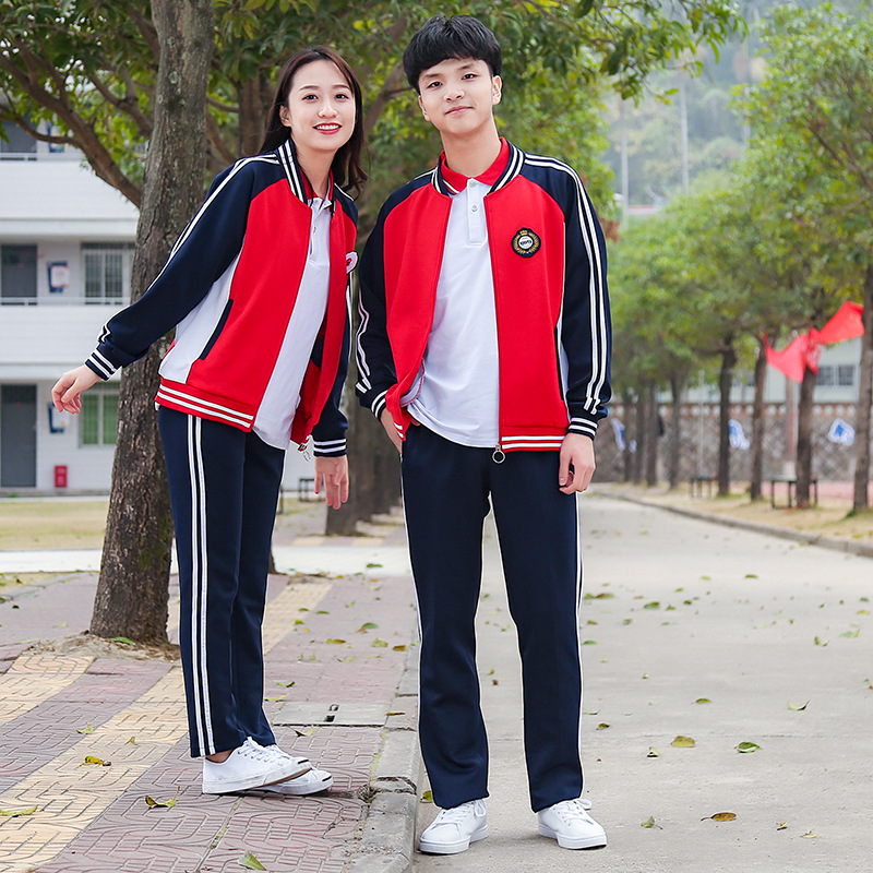 春夏季中学生蓝白班服套装学院风运动初中高中生长袖校服两三件套