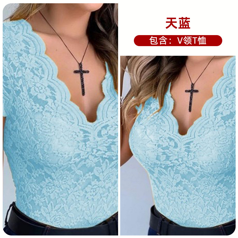 2024 deseo nuevo encaje con cuello en V camiseta sexy ver-a través de la parte superior B3067