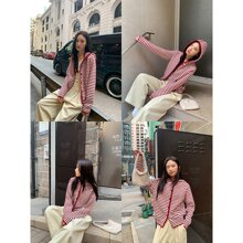 细条纹连帽针织开衫女春秋2026新款宽松设计感毛衣外套