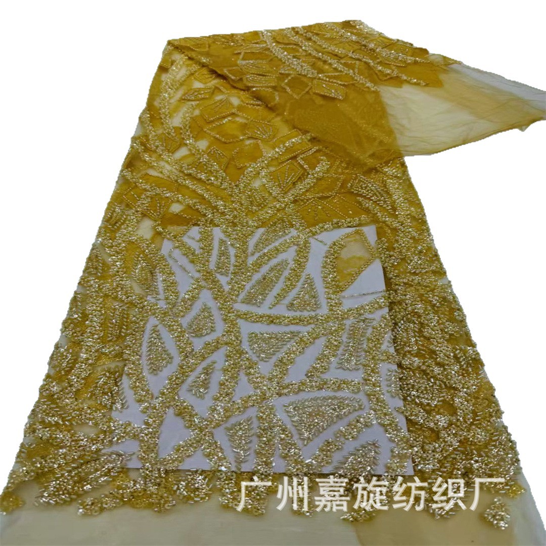 Geometría irregular tubo largo pequeño lenteja tela de encaje cuentas de clavado tela bordada vestido de boda cheongsam tela de moda