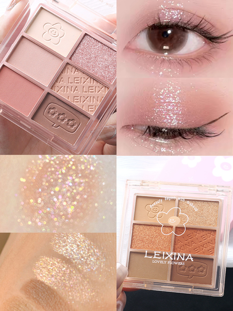 Six-color eyeshadow palette, multi-purpose, earth tones, fine glitter, matte, sugar color, soft light. Affordable makeup for students and beginners Specification drawing