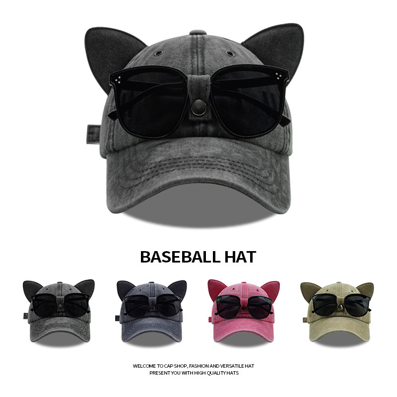 小众猫耳朵帽子女个性眼镜棒球帽女大头围韩版街头嘻哈墨镜鸭舌帽