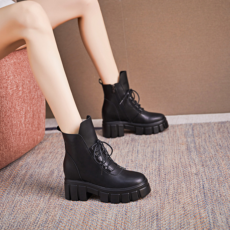 Martin Boots Height Increasing Women's Shoes Autumn and Winter New British Style Thick Bottom Leather Boots Mid-Barrel Casual Shoes Short Boots Shoes Martin Boots Height Increasing Women's Shoes Autumn and Winter New British Style Thick Bottom Leather Boots Mid-Barrel Casual Shoes Short Boots Shoes