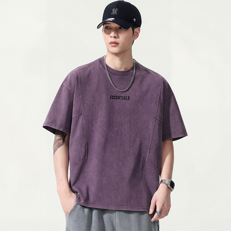 T2872 | Plus-Size Men's Summer New Cotton Patchwork Short-Sleeve T-Shirt, Loose Vintage Distressed Print Top.