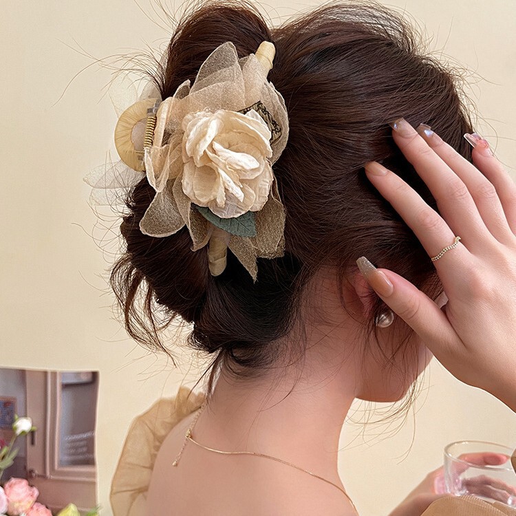 メッシュスーパーフェアリードライローズフォレストローズフラワーグリッパー女性のハイエンドサメクリップ甘いヘアピンヘッドアクセサリー|undefined