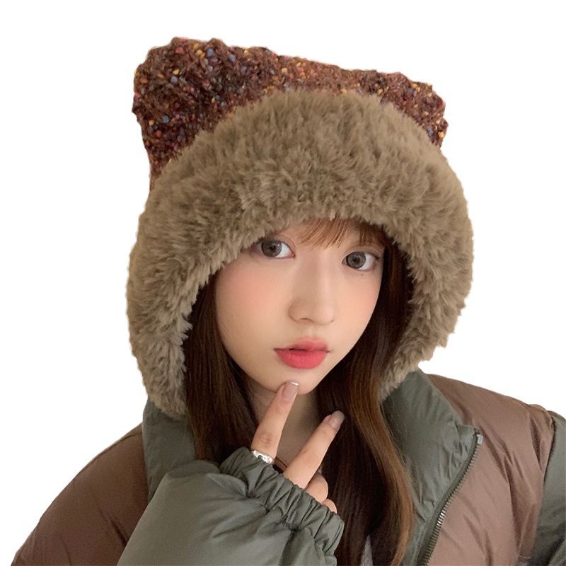 New Korean Version Of Little Bear Ear Knitted Hat With Knitted Yarn For Children's Winter Face Show, Small Plush, Cute, Warm, Big Head Cover Ear Hat_voghion.com