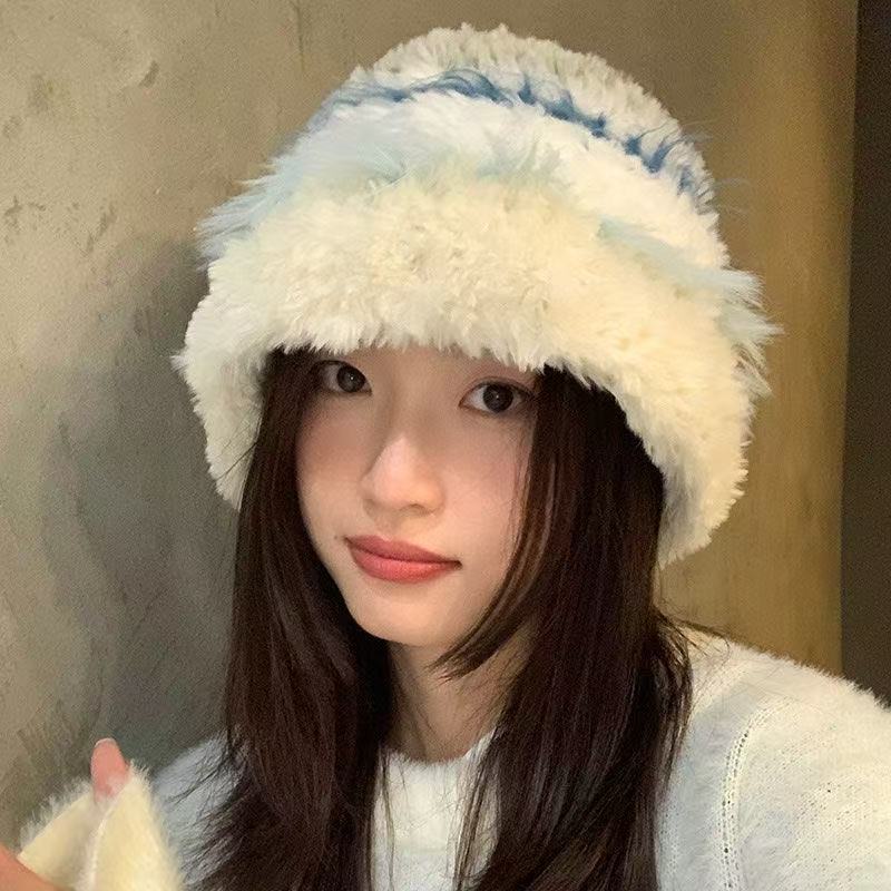 毛绒绒条纹帽子女显脸小针织帽保暖韩版可爱护耳毛线帽逛街大头围|undefined
