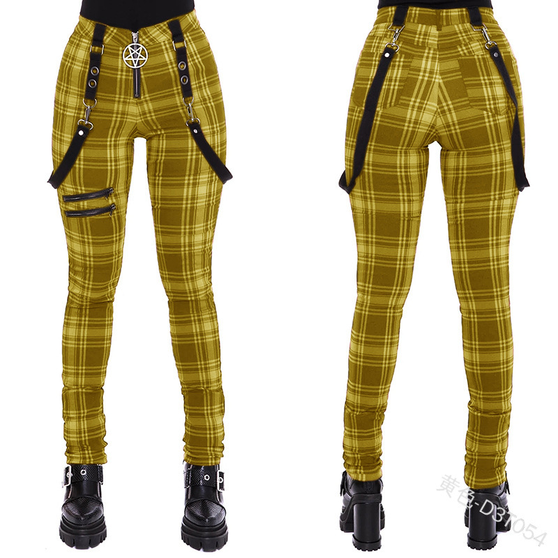 2021 New Amazon Wish Fashion Casual Plaid Pants Zipper Decorative Overalls Cross-border Supply Personality Pants