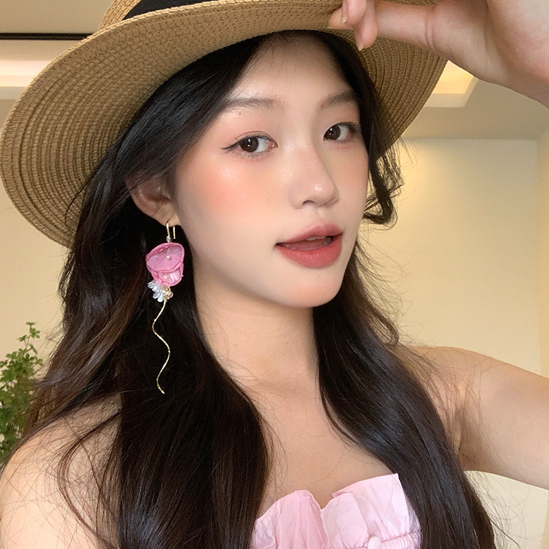 浪漫花语仙气粉色薄纱甜美花朵流苏耳环女小众高级感耳钉耳饰批发|undefined