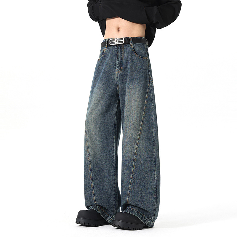American Retro Washed Bootcut Jeans Men's Spring and Autumn Pants Button Zipper High Street Wide Leg Straight Loose Trousers