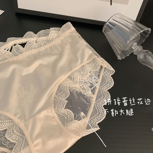 Pure and desire hollow lace sexy splicing satin mulberry silk crotch mid waist large size beautiful buttocks underwear for women