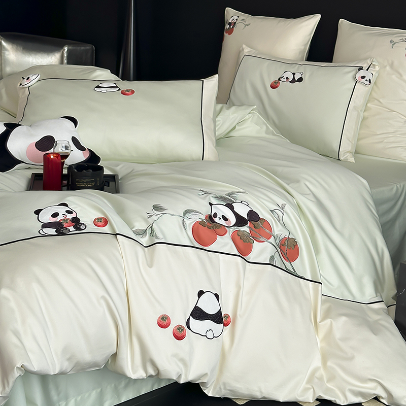 Simple Cartoon 100S Cotton Long-staple Cotton Four-piece Set National Trendy Panda Embroidered Quilt Cover 1.8 m1.5 Bedding