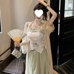 新中式女装国风改良汉服汉元素小个子绿色吊带连衣裙三件套女夏季
