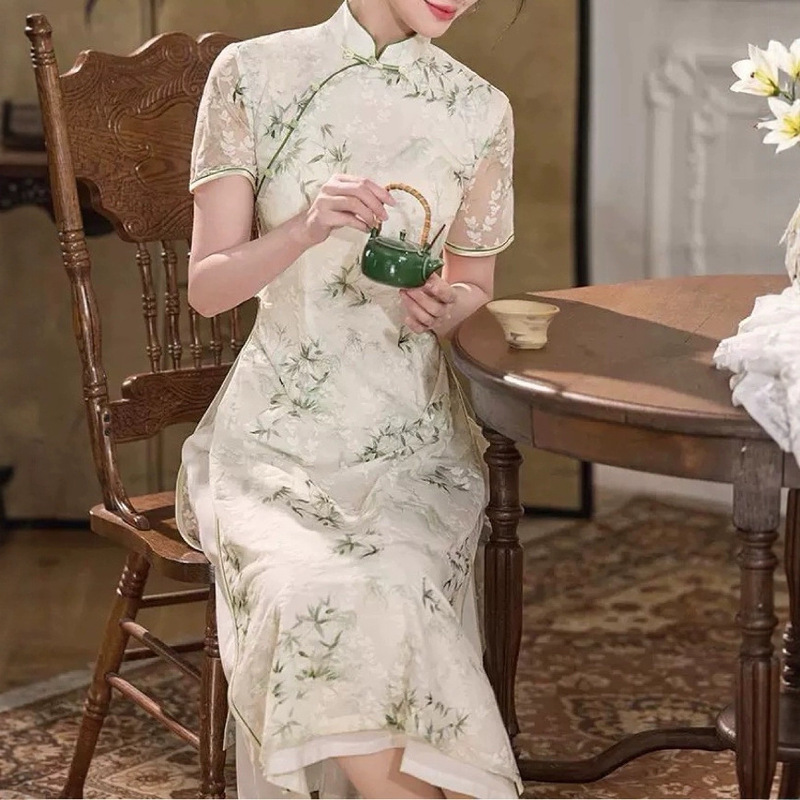 Improved Version of Cheongsam, New Style Dress for Small People, Ink Bamboo Leaves, Spring and Summer Daily Women's Clothing, Chinese Style