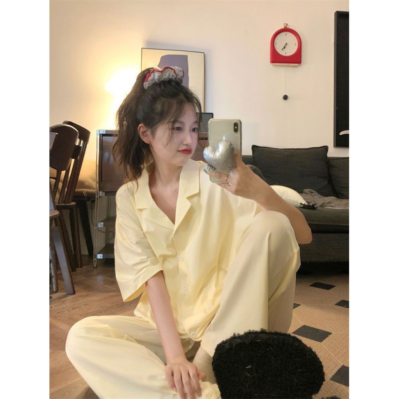 (2개) 계란 노란색 잠옷 여성의 여름 카디건 반팔 바지 봄과 가을 달콤한 학생 간단한 단색 홈 의류 세트