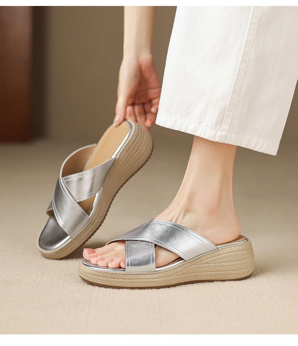 Dép sandal nữ quai chéo hở ngón đế dày da cừu — màu trắng ngà chi tiết 5