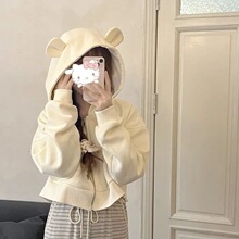日系可爱刺绣兔耳朵外套女春秋新款小个子短款显高开衫连帽卫衣潮