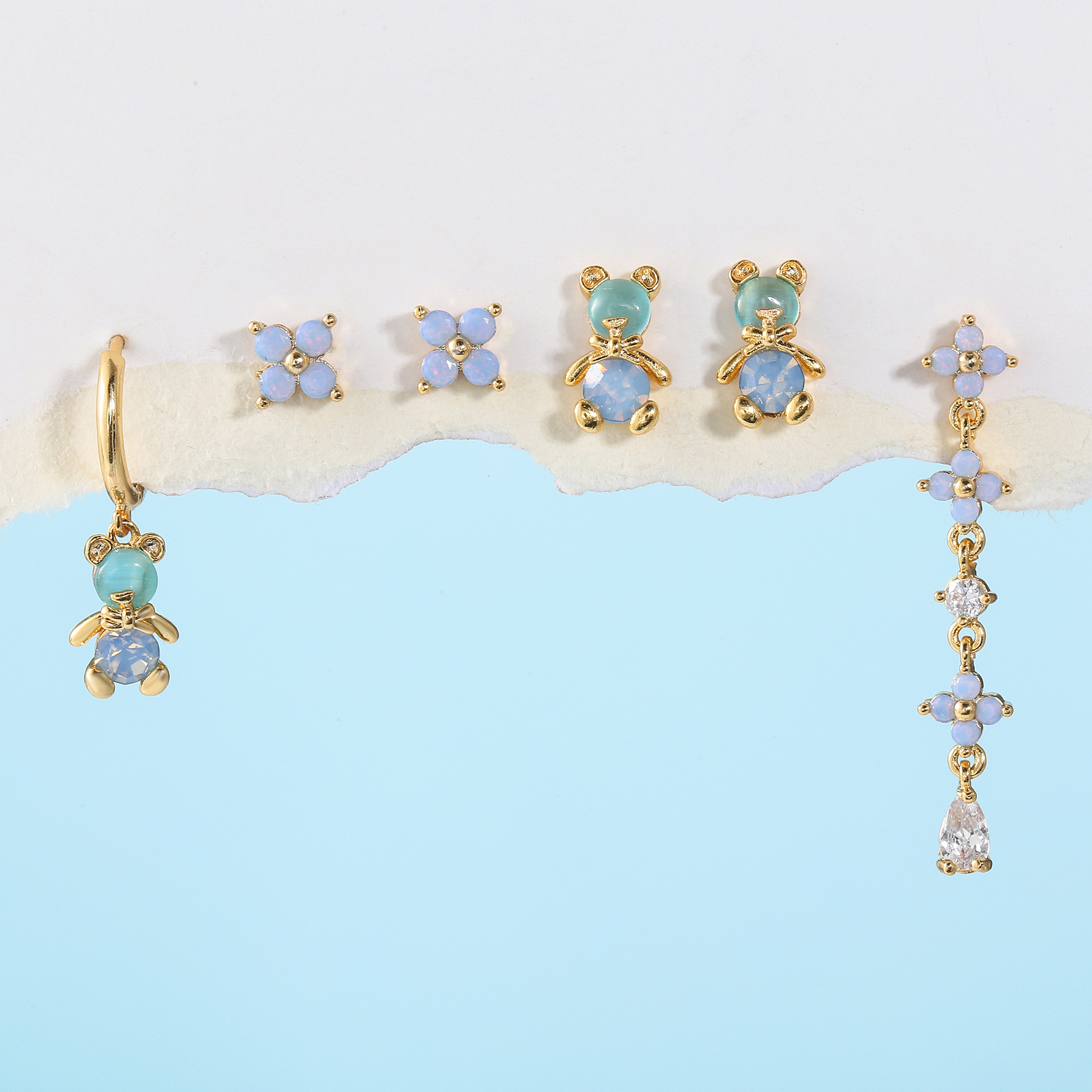 Fashion Bear Flower Brass Ear Studs Inlay Artificial Rhinestones Copper Earrings