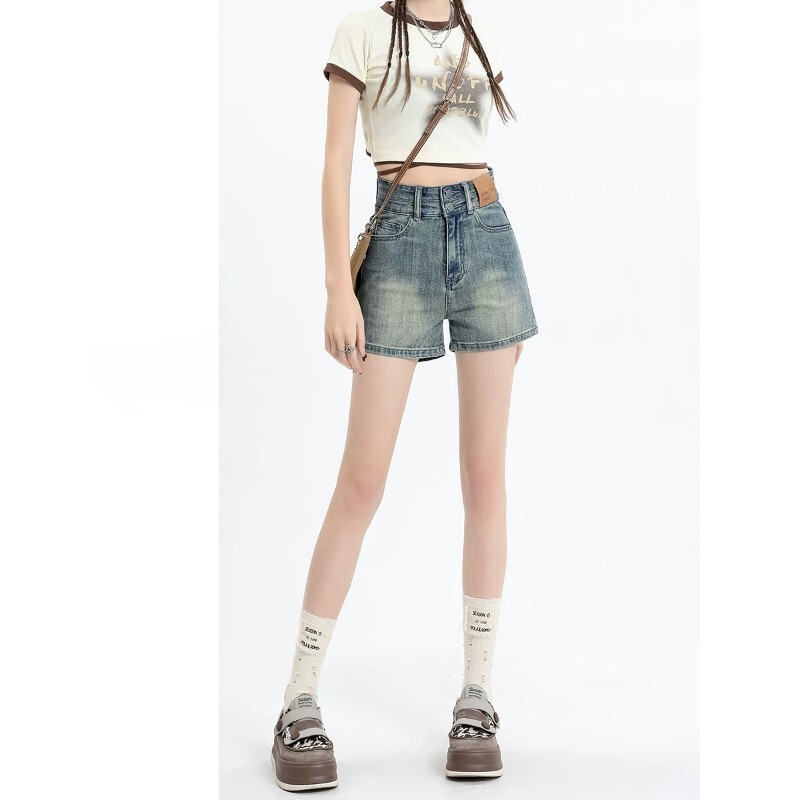 High-Waisted Denim Shorts for Women, 2026 Summer New Style, Hot Girl Style, Yellow Mud Color, Slimming A-Line Straight Hot Pants