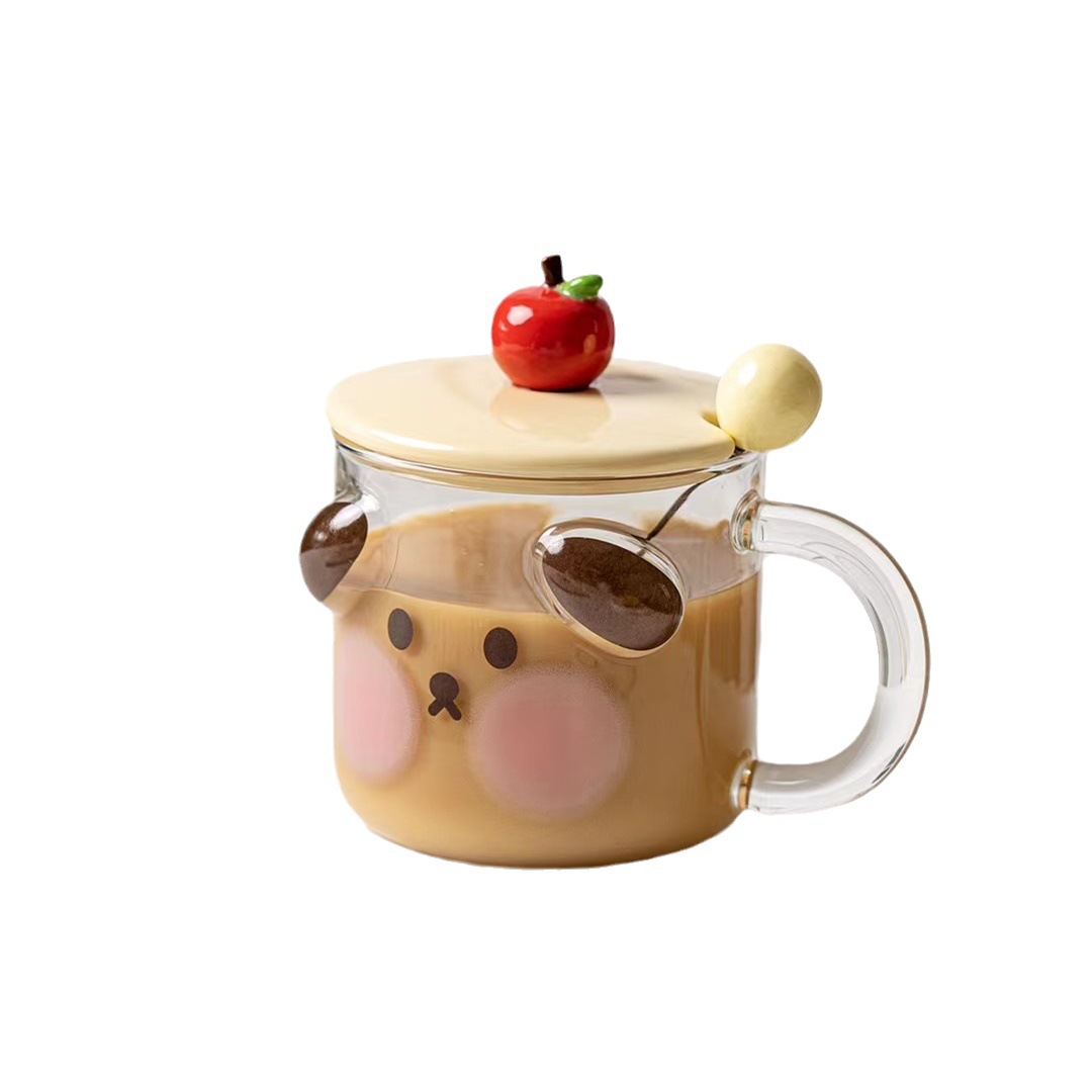 Personalidad creativa de dibujos animados Corazón de melocotón cerdo Cereza cachorro taza de vidrio en relieve taza de agua de desayuno de aspecto alto