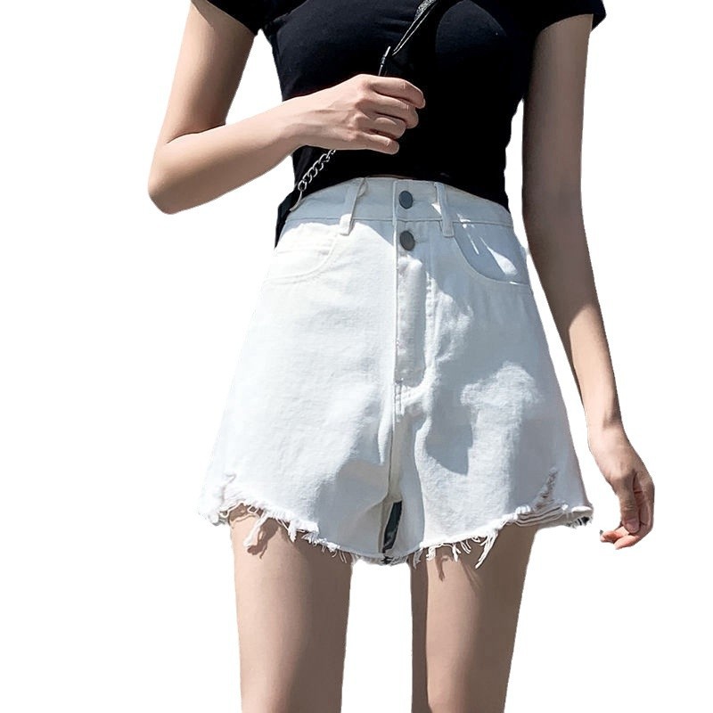 2025 년 여름 새 한국식 하이 허리 데님 반바지 여성용 루즈 찢어진 A 자형 모피 가장자리 슬리밍 와이드 레그 핫 팬츠 A