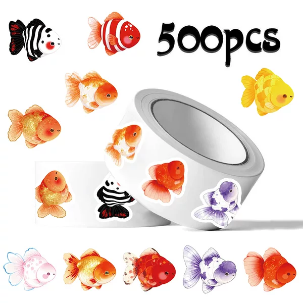500 Stickers/Roll Cute Goldfish Sticker Roll Gift Desktop Decoration DIY Handbook Sealing Tape Label