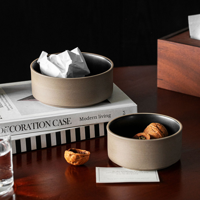 Wabi-Sabi Mid-Century Style Stoneware Desktop Trash Can High-End Home Bedroom Bathroom Creative Countertop Storage Bucket