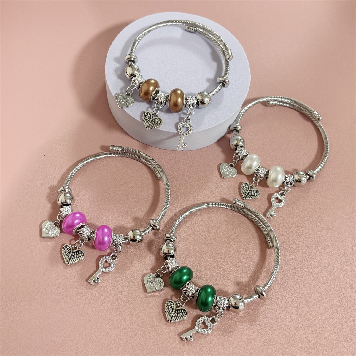 Pandora Style Charm Bracelet With Wing Heart And Key Pendants_voghion.com