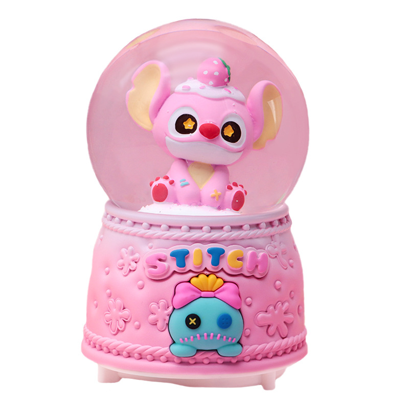 Linda y linda caja de música de bola de cristal Stitch, caja de música giratoria de nieve brillante, regalo para estudiantes y niños