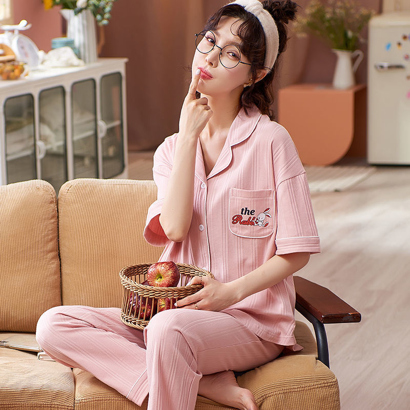 Pijamas de mujer de verano 100% algodón de manga corta pantalones de dos piezas conjunto de ropa de casa de las mujeres de primavera y otoño suelto se puede usar fuera