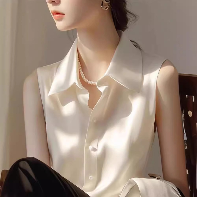Satin Sleeveless Shirt for Women 2026 New Summer French Style Gentle and Elegant High-End Light Luxury Unique Layered Top