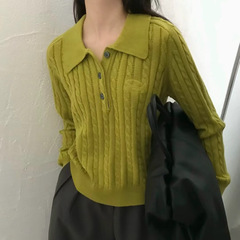 韩国高级感POLO领麻花针织衫女2025秋季新款韩系复古外搭毛衣上衣