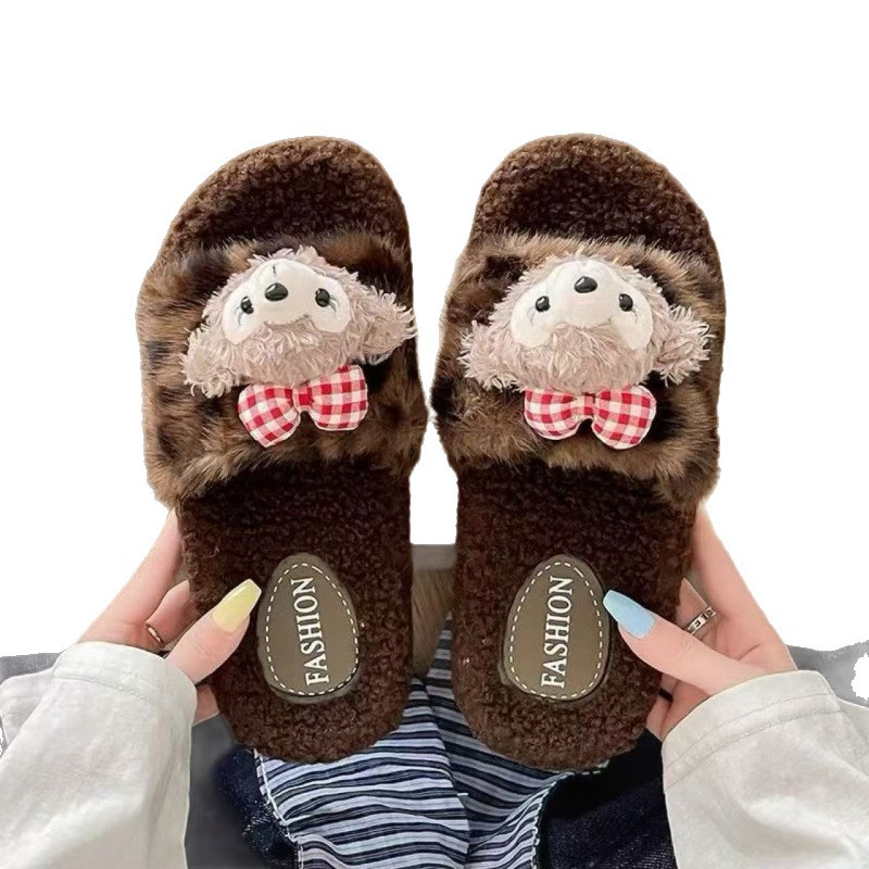 2025 nueva zapatillas de lana de leopardo para mujeres adorables otoño y invierno domésticos antideslizantes interiores supermercado al por mayor zapatillas de algodón para mujeres