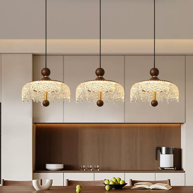 法式中古风水滴餐厅吊灯三头长盘吧台复古胡桃木色吊线灯具饭厅灯