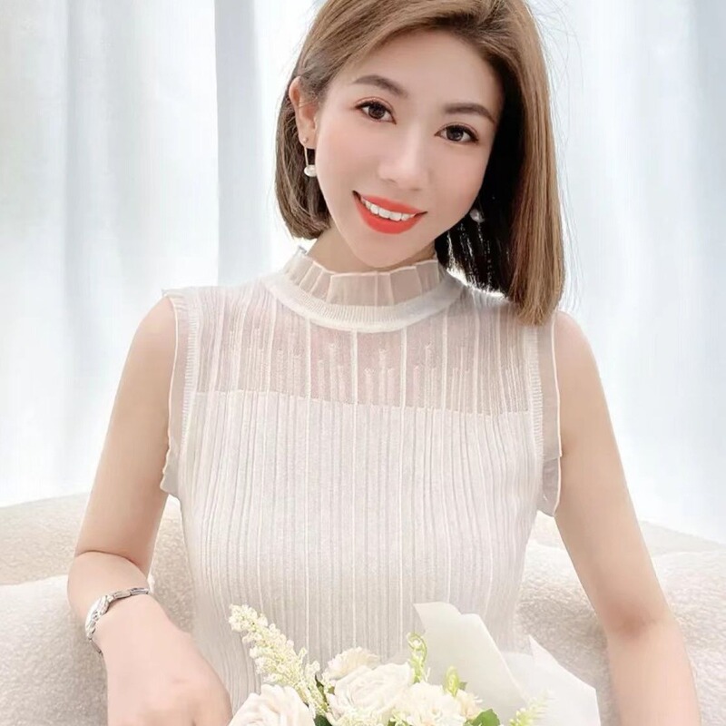 High-grade Knitted Vest Ear Collar Lace Women's Vest Base Half High Collar Sleeveless Base Shirt Western Style All-match