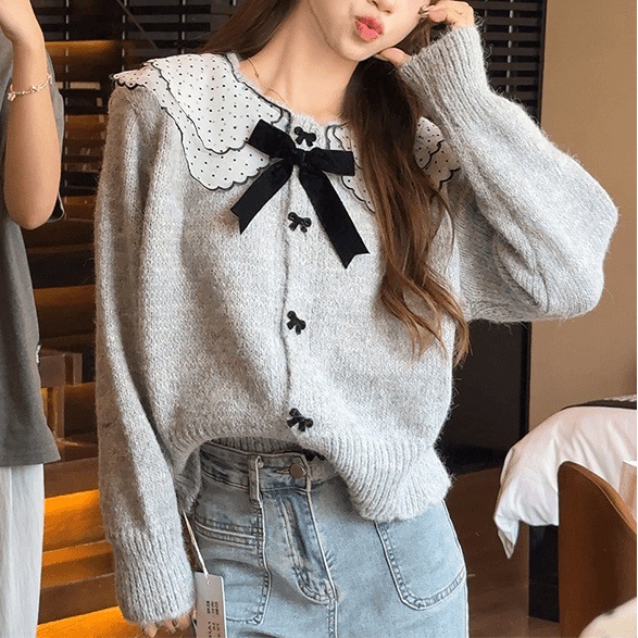 Õrn armas lipsuga nukukaelusega kampsun naistele, sügis ja talv, Korea pehme kleepuv kootud kardigan, trendikas topp_voghion.com