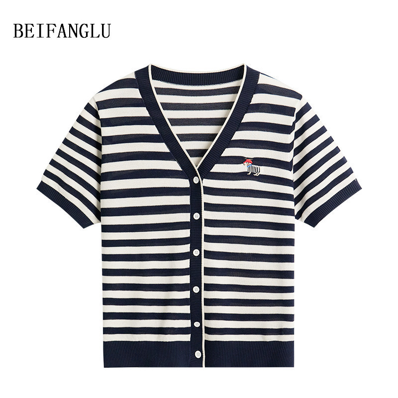 Northern Deer [Embroidered Puppy Knit T-Shirt] Lyocell Cotton Mulberry Silk Summer Striped Knit Short Sleeve Women's W9309