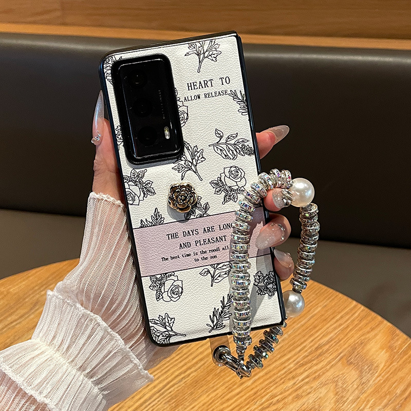 高级满屏线条适用荣耀MagicV2手机壳皮质保护套MagicVS3折叠屏全包小香风山茶花MagicVS2新款手提链防摔外壳