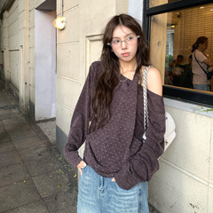 设计感小众别致气质长袖T恤女装秋季休闲宽松韩系氛围感露肩上衣