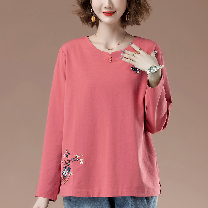 Long-sleeved T-shirt Women's Spring Plus Size Women's Loose Middle-aged Mom Cotton Embroidered Slim-fit Base Shirt 9868