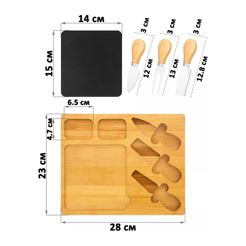 Tablero de cortar de bambú Tablero de corte de pizarra multifuncional con cuchillo y tenedor Traje de queso Tablero de postre Snack Bandeja de bambú de jamón