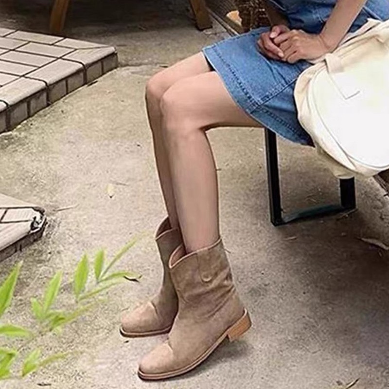 牛皮版~内增高韩版小众宽筒V口西部靴女粗跟真皮短靴方头时装靴子|undefined