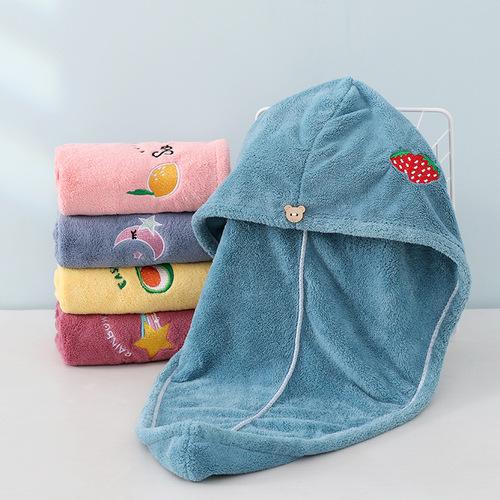 High-density coral velvet embroidered dry hair cap, cute bunny ears shower cap, thickened absorbent turban, embroidered wholesale