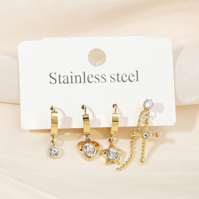 Set di gioielli in acciaio inossidabile di lusso leggero, croce, cuore, temperamento con diamanti tempestati di stelle, orecchini in acciaio al titanio_voghion.com