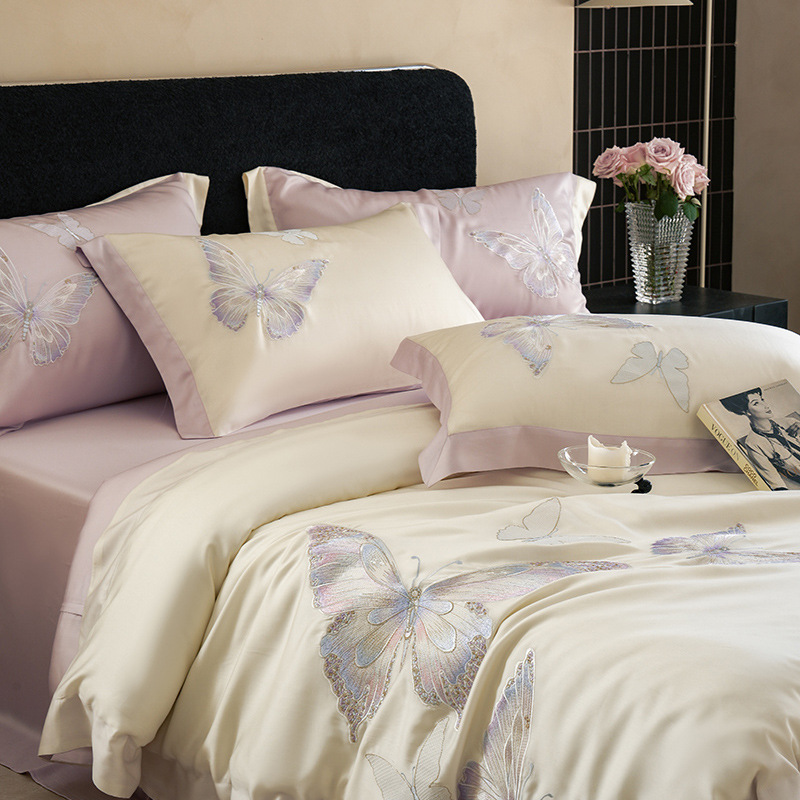 Class A High-end Austrian Imported Lanjing Tencel Butterfly Embroidered Bedding Four-piece Set Summer Cool Bed Sheet