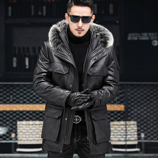 Winter Men's Hooded Genuine Leather Cowhide Thickened Leather Jacket Leather Jacket Down Jacket Mid-Length Leather Jacket