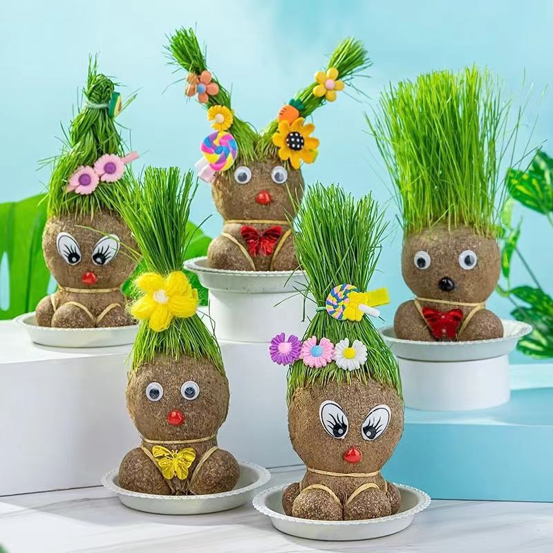 Grass head doll flowering doll mini children's long grass plant potted indoor balcony with cat grass Grass head doll flowering doll mini children's long grass plant potted indoor balcony with cat grass