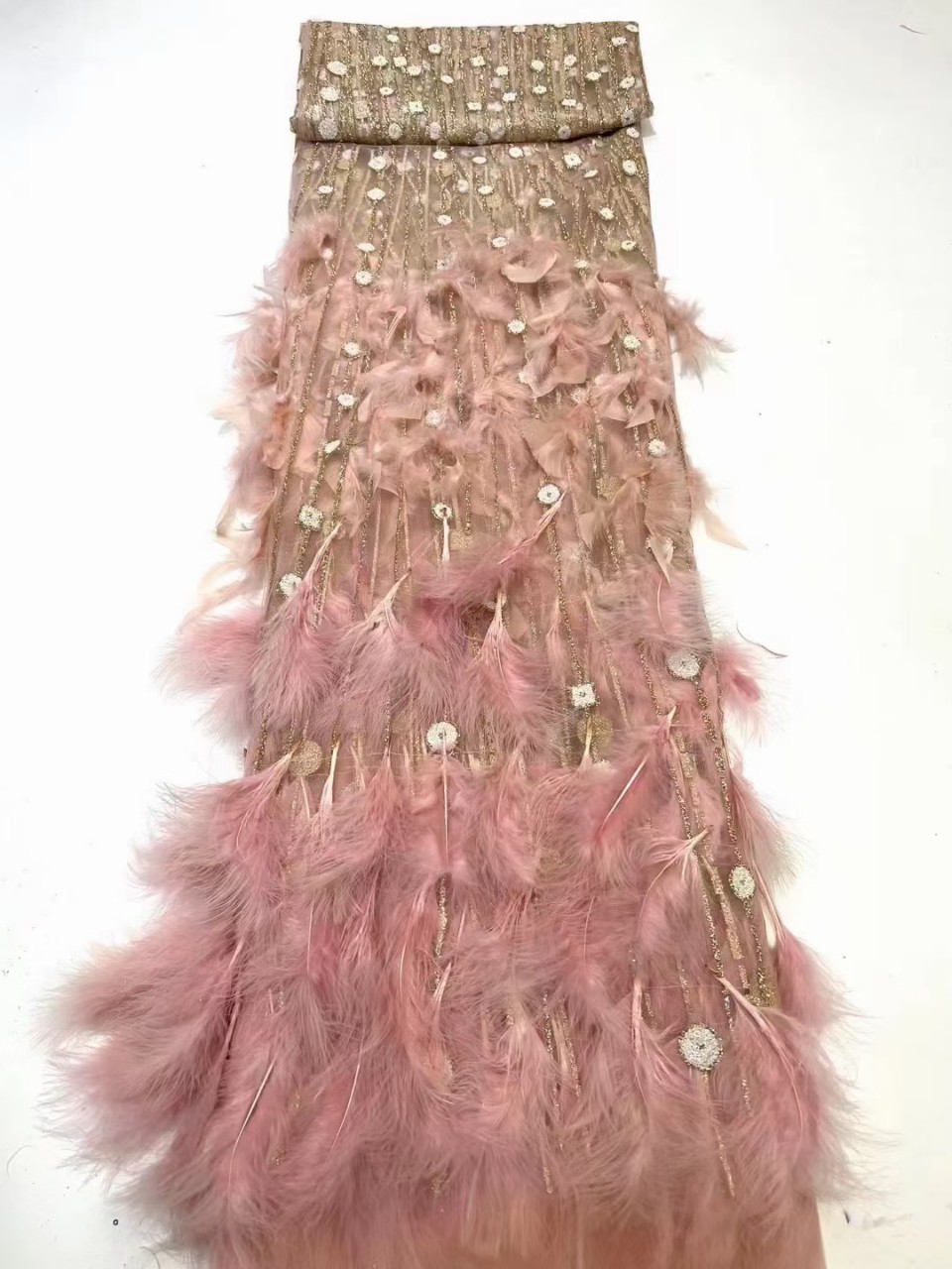 Nuevo lentejuelas pluma encaje tela modelo pasarela moda vestido de novia encaje JX2486