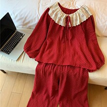 韩国ins女士韩版甜美重工蕾丝大翻领公主风宽松双纱外穿家居服套