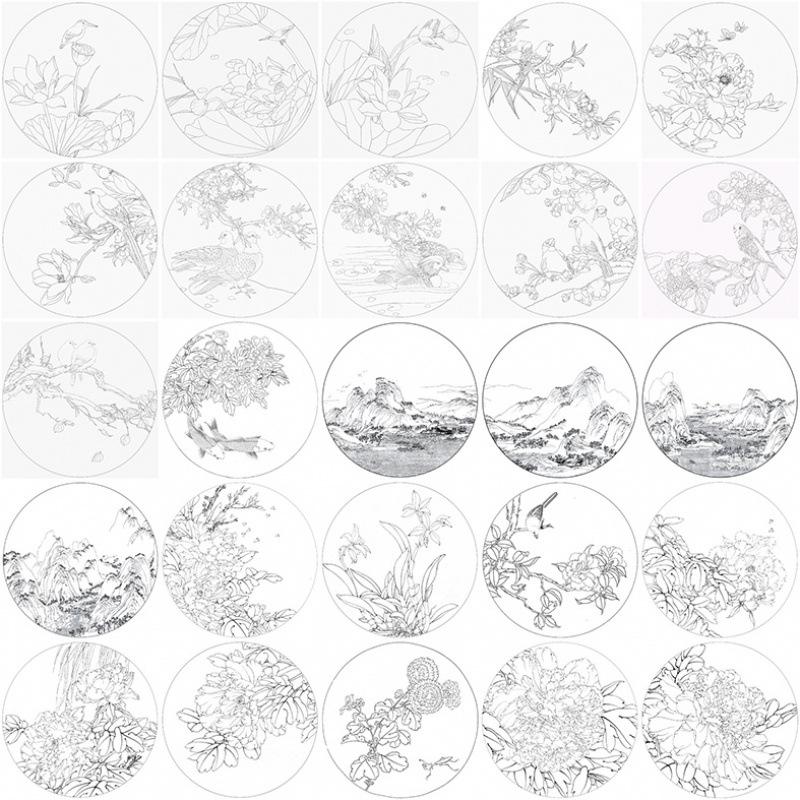 工笔画圆形小品白描底稿线稿彩图花鸟线描初学临摹练习打印稿熟宣
